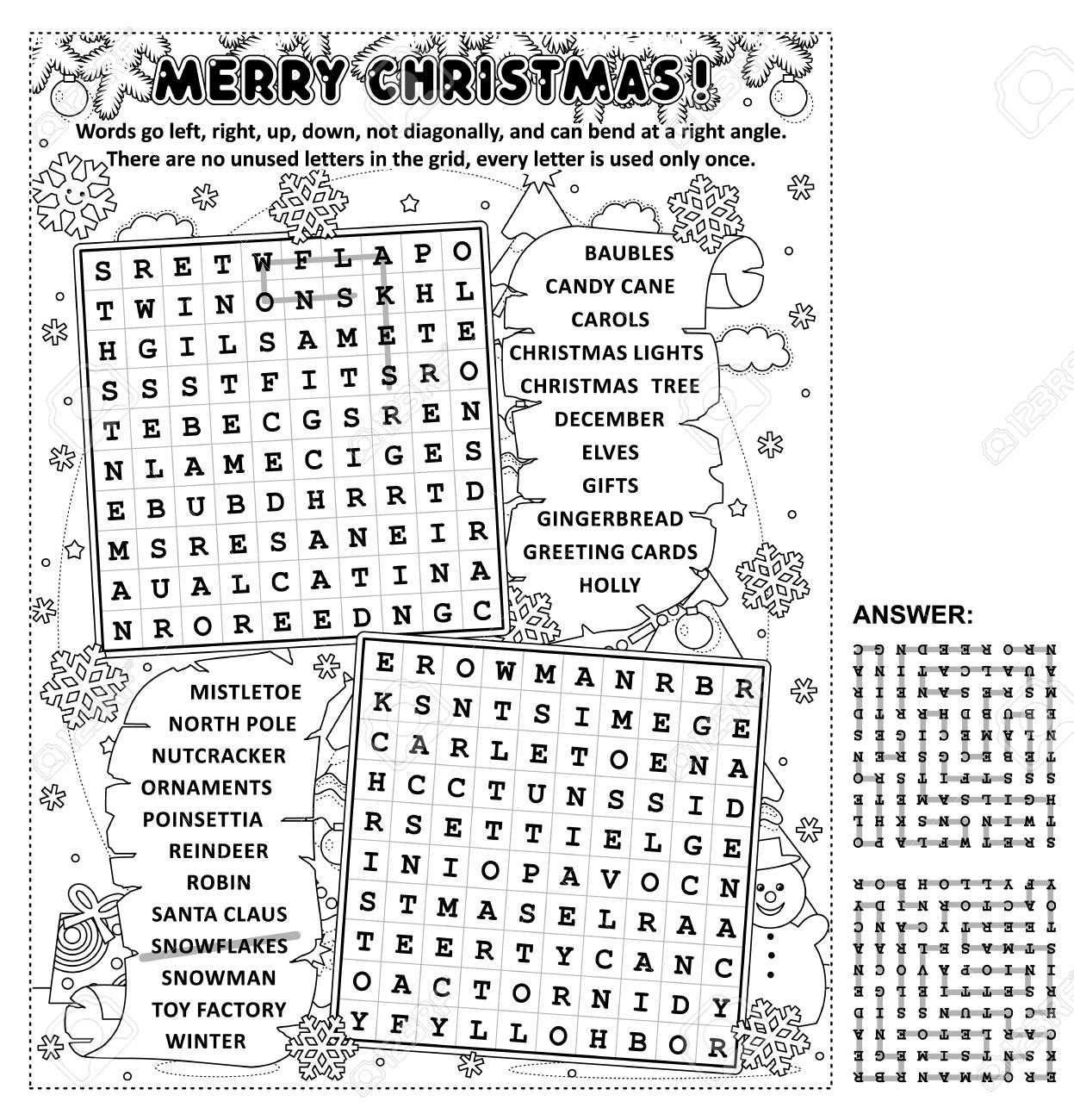 Christmas themed zigzag word search puzzle and coloring page answer included royalty free svg cliparts vectors and stock illustration image