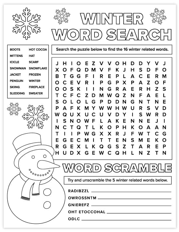 Free printable winter word search and word scramble