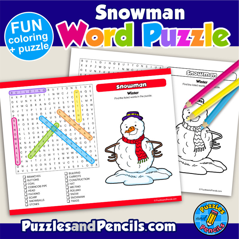 Snowman word search puzzle activity page with coloring winter wordsearch made by teachers