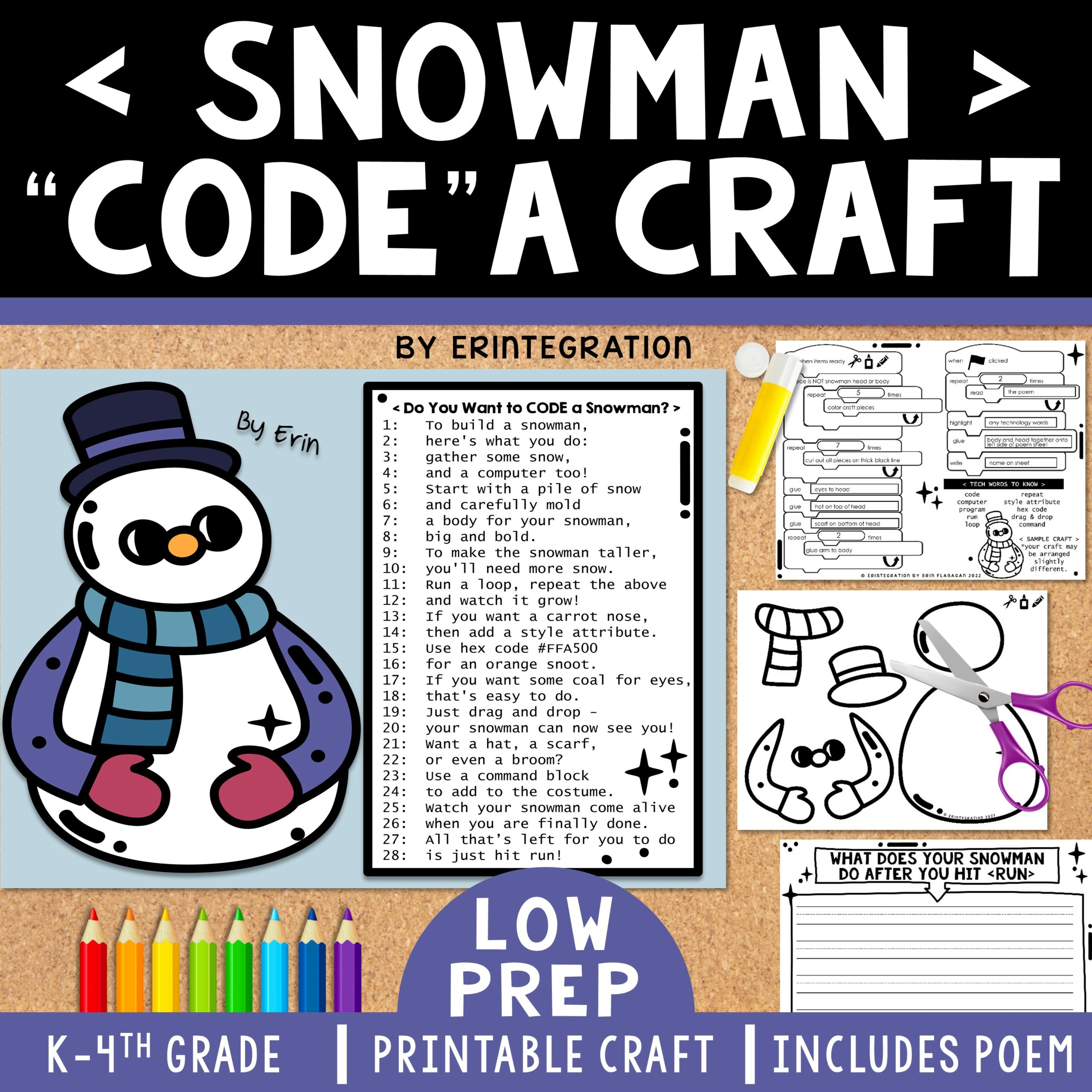 Snowman craft coding activity one page craft poem writing bulletin board