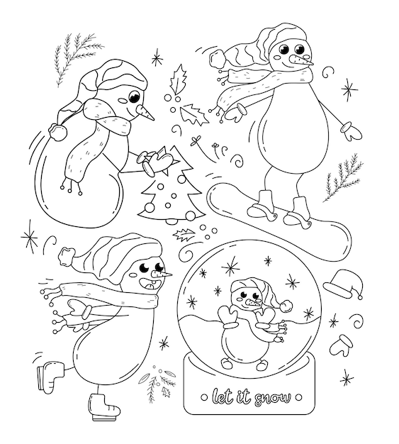 Premium vector black and white doodle snowmen set with a snow globe christmas tree fir branches and mistletoe