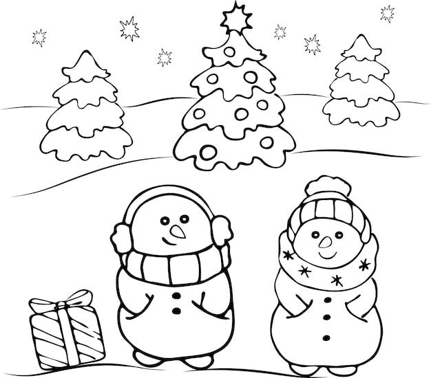 Premium vector two snowmen coloring book