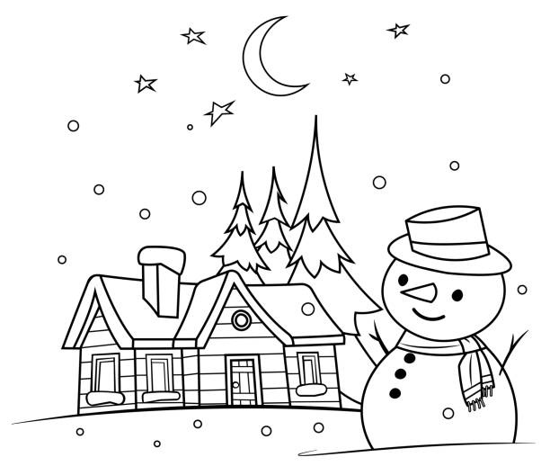 Coloring book winter night with a snowman stock illustration