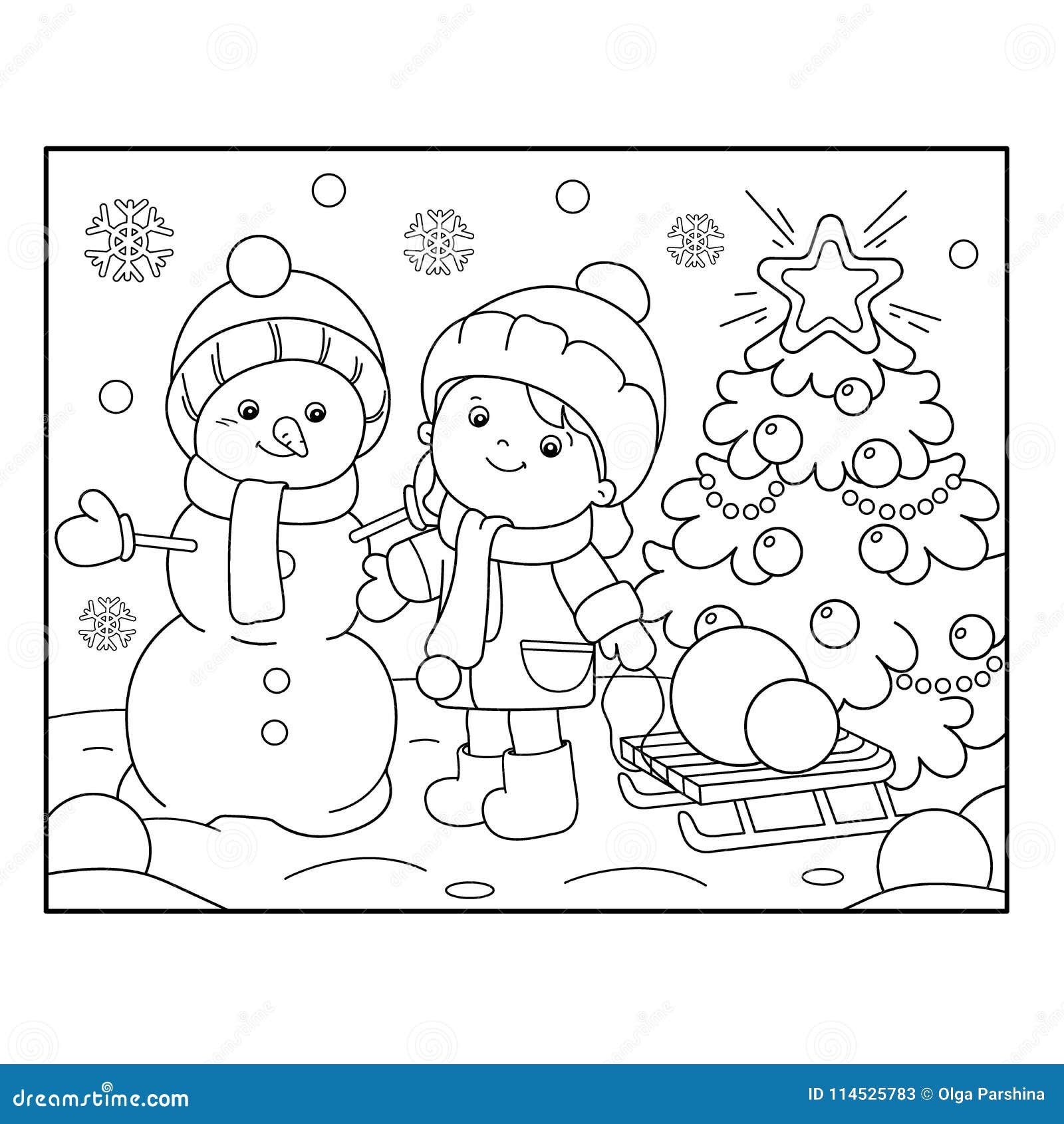 Coloring page outline of girl with snowman and christmas tree c stock vector