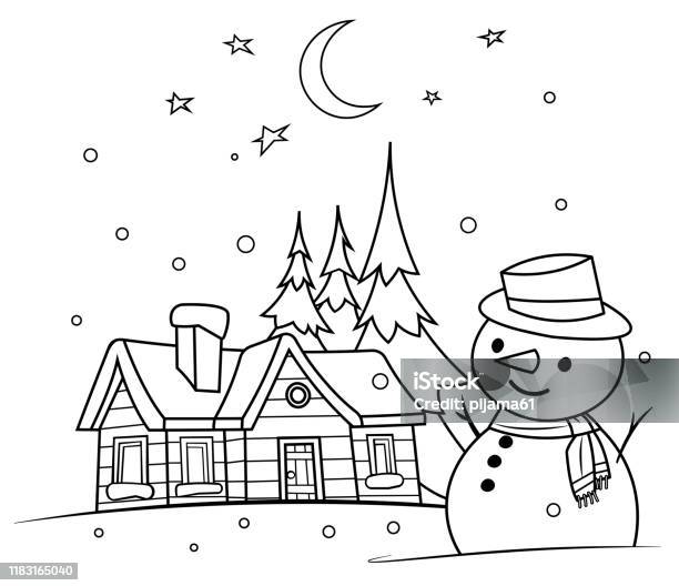 Coloring book winter night with a snowman stock illustration