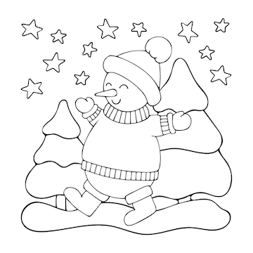 Premium vector coloring book snowman line art cute winter character in hat and sweater in night forest christmas trees by stars hand drawn vector black and white illustration