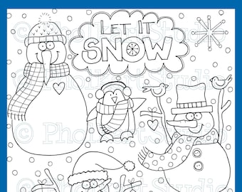 Kids coloring page snowman let it snow snow day cute whimsical winter birds penguin instant download printable coloring pholkartstudio instant download