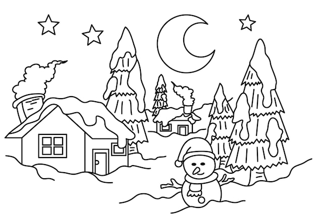 Premium vector snowman with snow house coloring page or book for kids vector