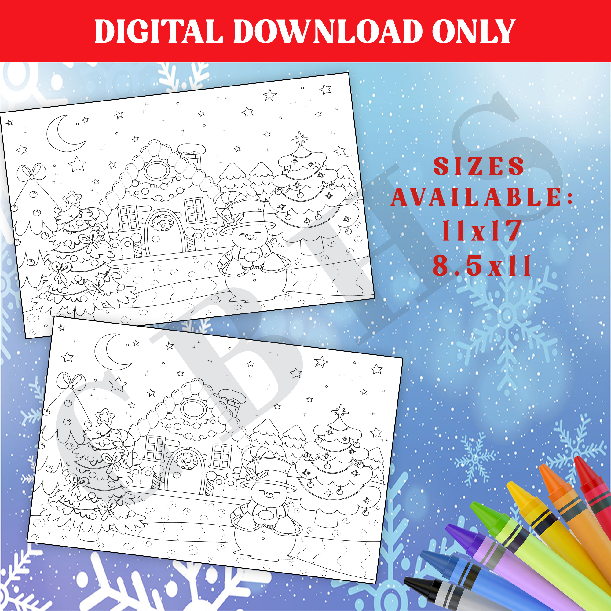 Christmas coloring page winter night christmas tree and snowman holiday coloring sheet made by teachers