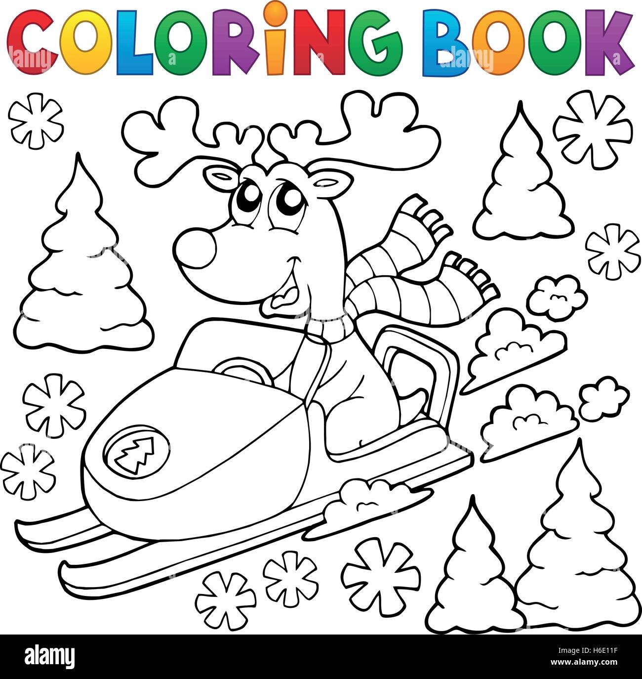 Coloring book reindeer in snowmobile