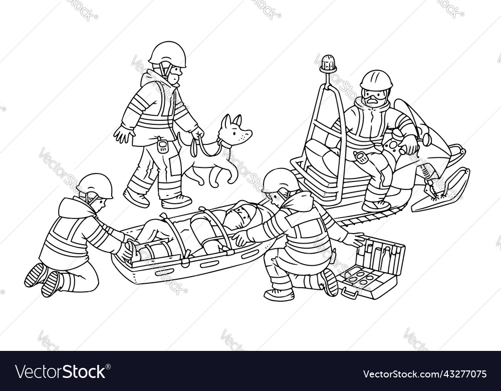 Rescuers snowmobile and rescue sled coloring book vector image