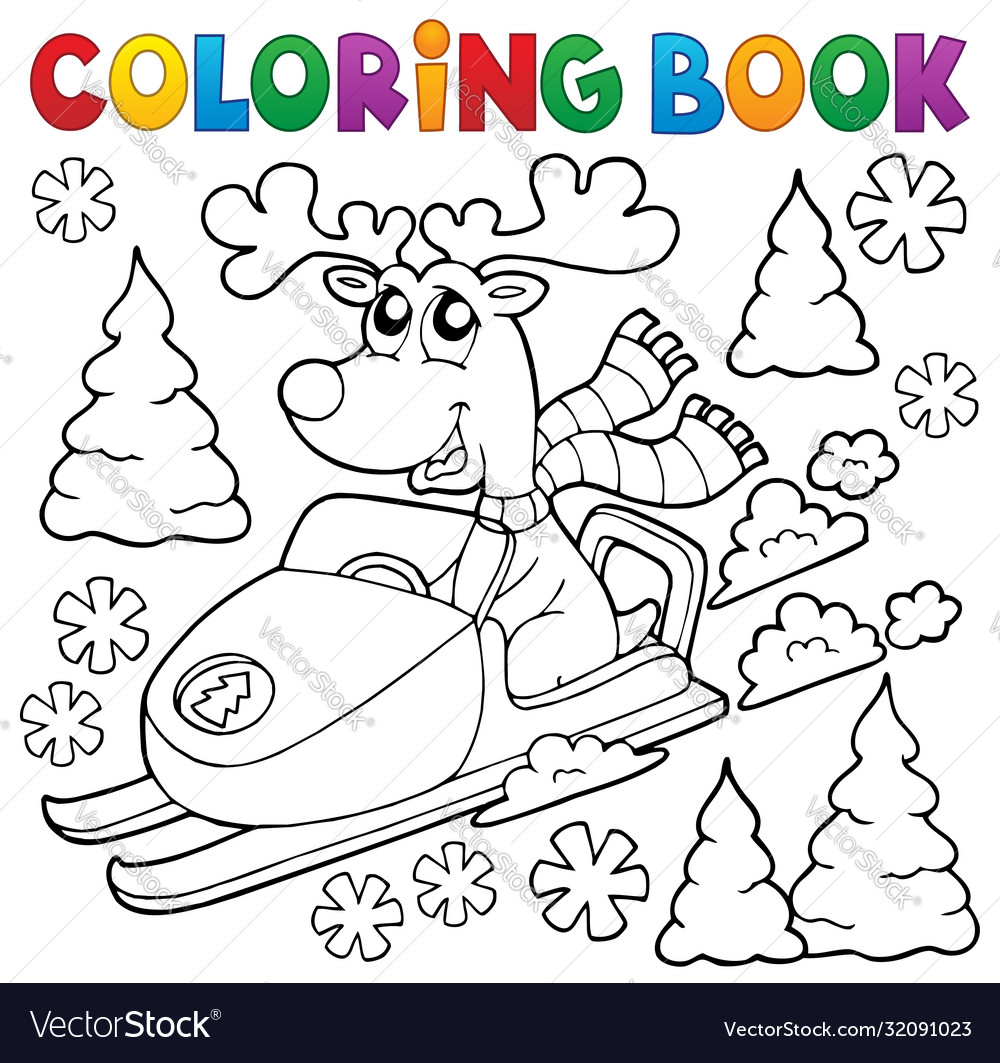 Coloring book reindeer in snowmobile royalty free vector