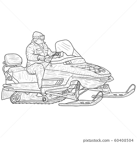 Snowmobile with driver silhouette sketch on white