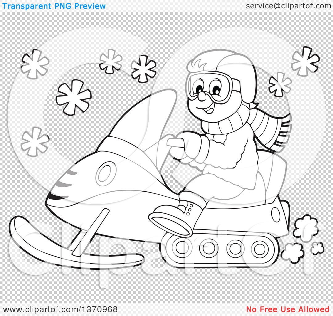 Clipart of a cartoon black and white happy man driving a snowmobile