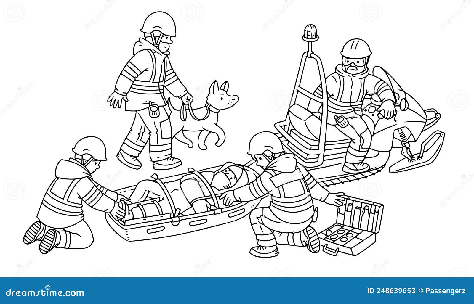 Rescuers snowmobile and rescue sled coloring book stock vector