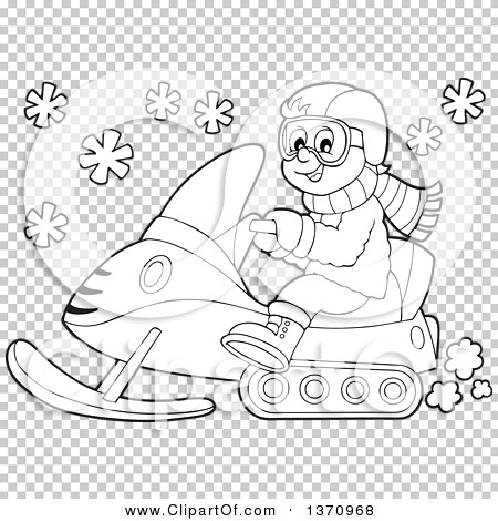 Clipart of a cartoon black and white happy man driving a snowmobile