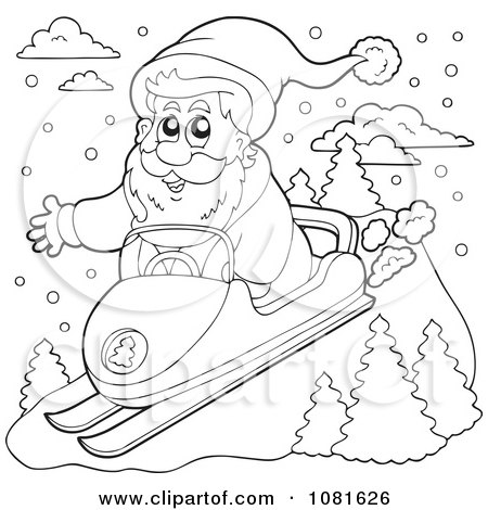 Clipart of a cartoon black and white happy man driving a snowmobile