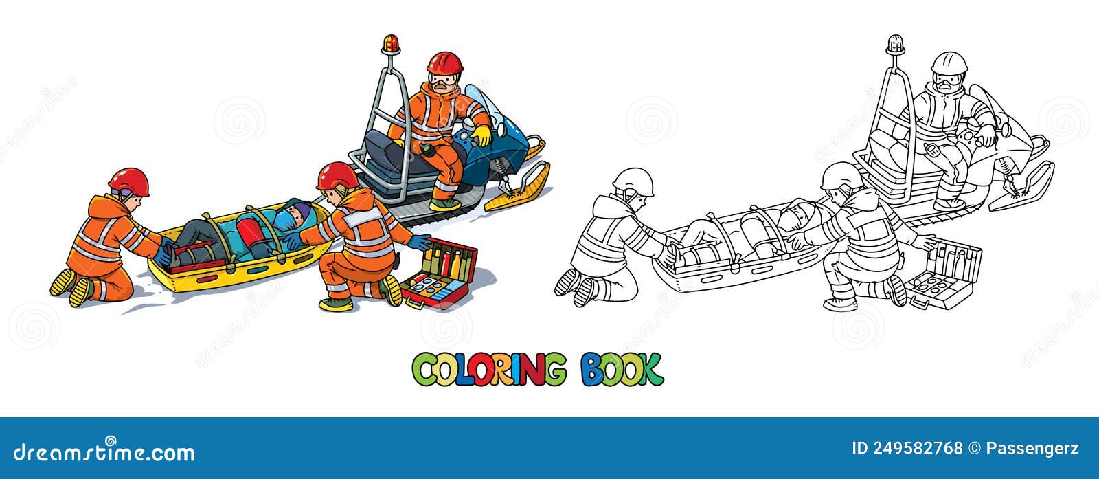 Rescuers snowmobile and rescue sled coloring book stock illustration