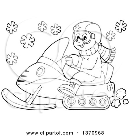 Clipart of a cartoon black and white happy man driving a snowmobile