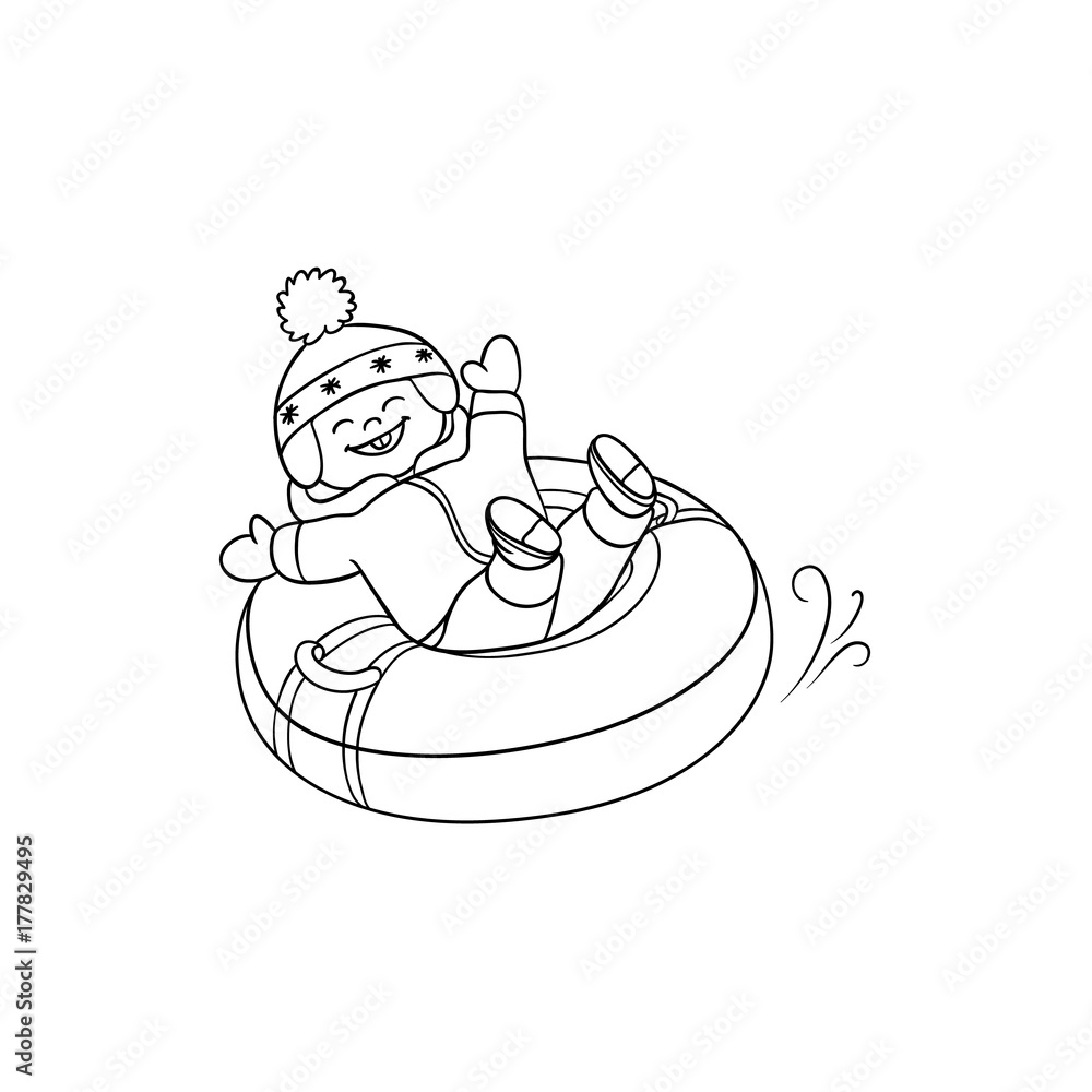 Vector flat teen boy kid having fun riding inflatable rubber tube sled tubing in winter outdoor clothing and funny hat laughing isolated illustration on a white background for coloring book design