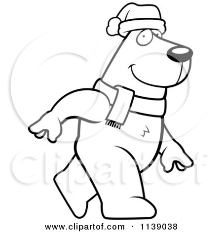 Cartoon clipart of a black and white walking christmas polar bear