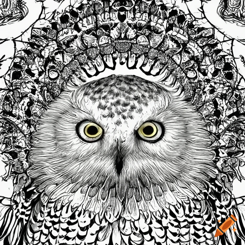 Coloring pages for adult mandala bird image snowy owl white background black and white on