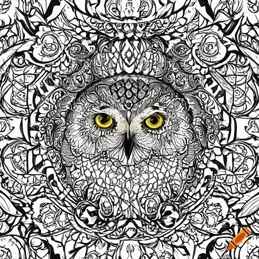 Coloring pages for adult mandala bird image snowy owl white background black and white on