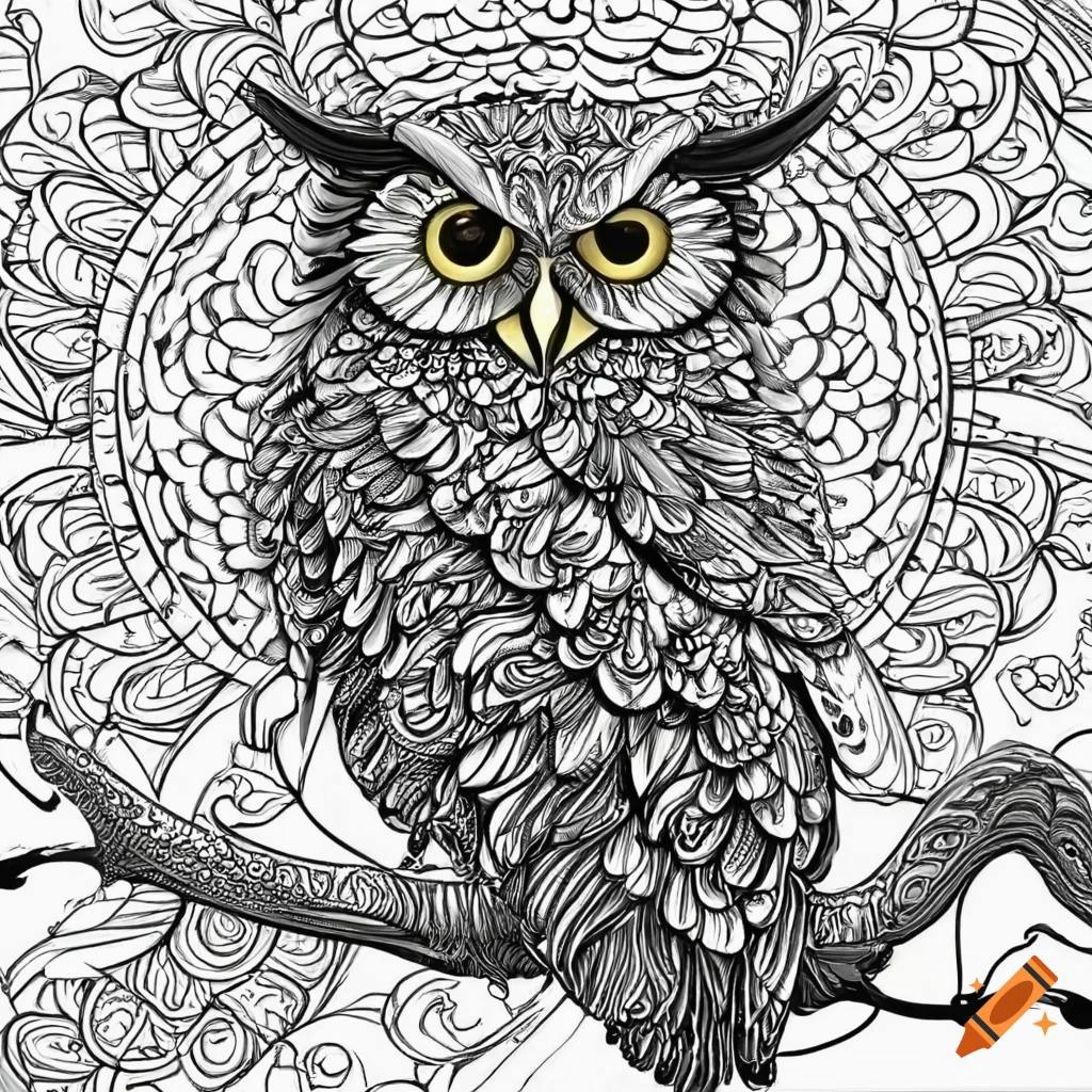 Coloring page of an owl in kerby rosanes style on