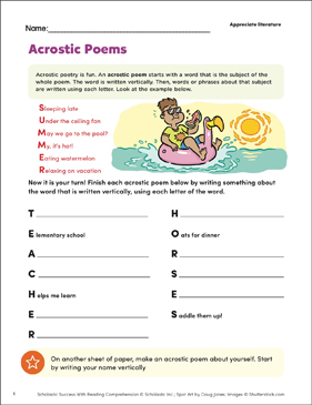 Acrostic poems appreciate literature printable skills sheets