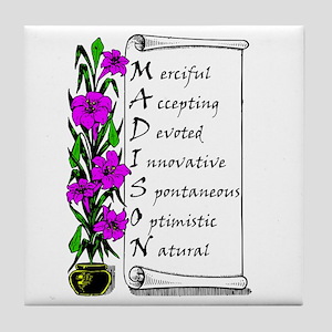 Madison acrostic poem scroll and purple flowers