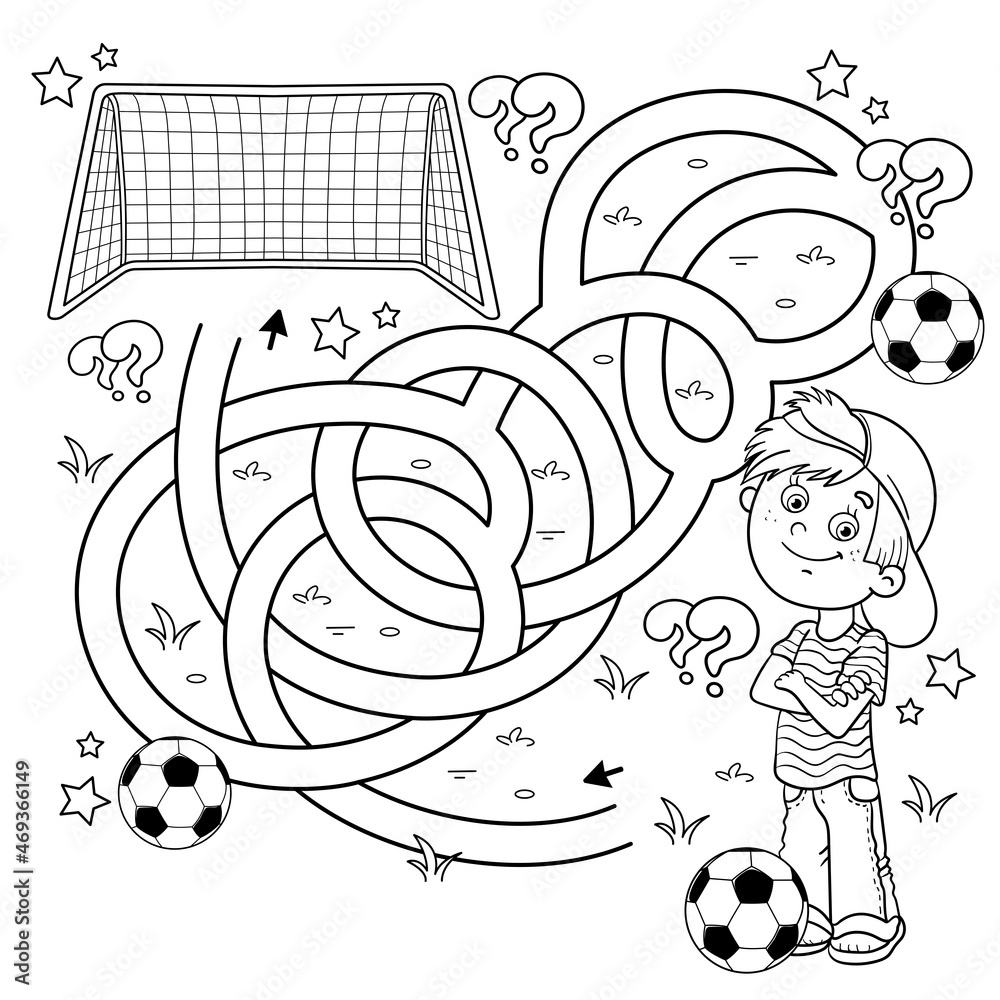 Maze or labyrinth game puzzle tangled road coloring page outline of cartoon boy with soccer ball football sport activity coloring book for kids vector