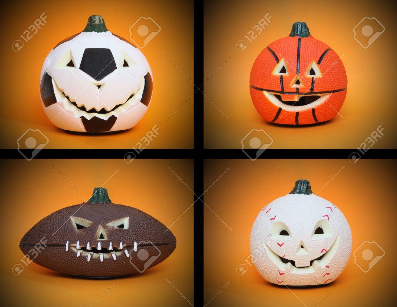 Basketball football baseball and soccer ball sports halloween pumpkins stock photo picture and royalty free image image