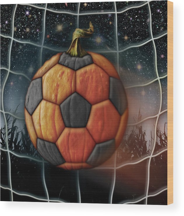 Soccer ball pumpkin wood print by james larkin