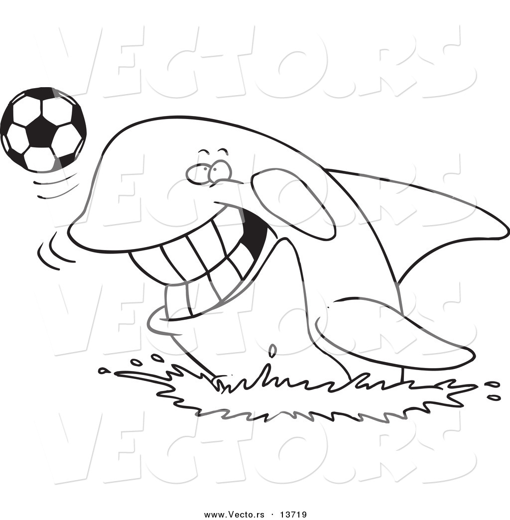 R of a cartoon orca playing with a soccer ball