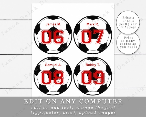 Soccer balls with editable names and numbers diy template printable