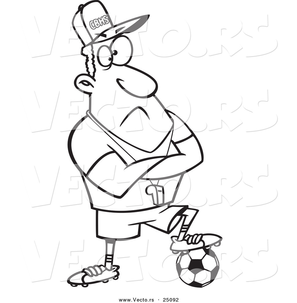 R of a cartoon coach man resting a foot on a soccer ball