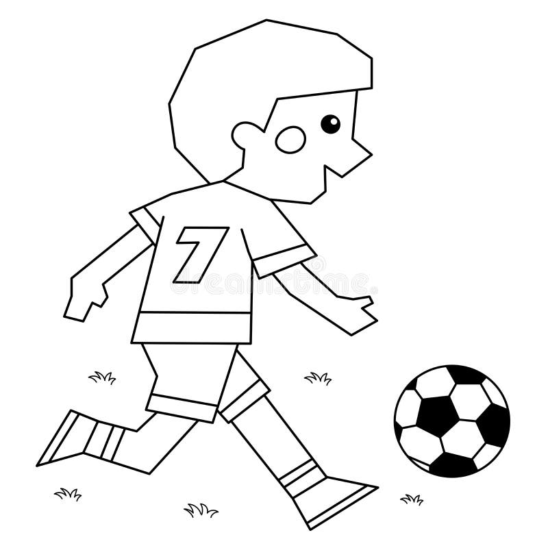Coloring page outline of a cartoon boy with a soccer ball coloring book for kids stock vector