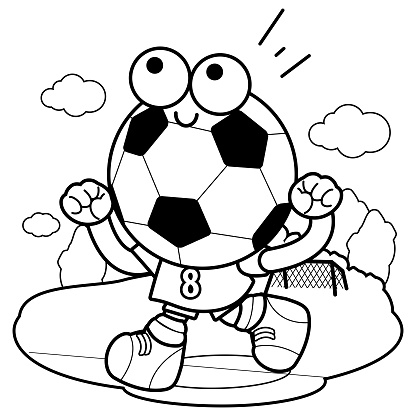 Cheering soccer ball character vector black and white coloring book page stock illustration