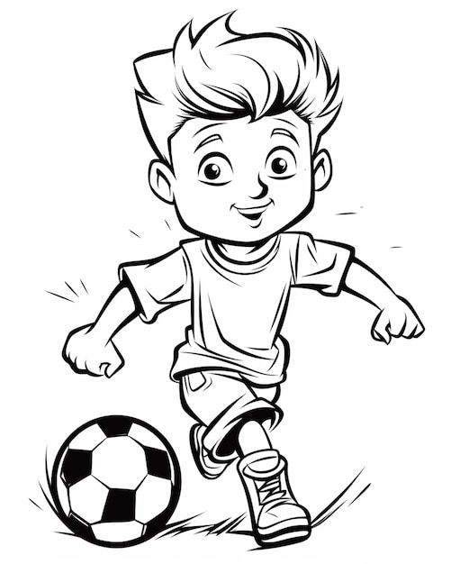 Premium ai image a cartoon boy kicking a soccer ball coloring page generative ai