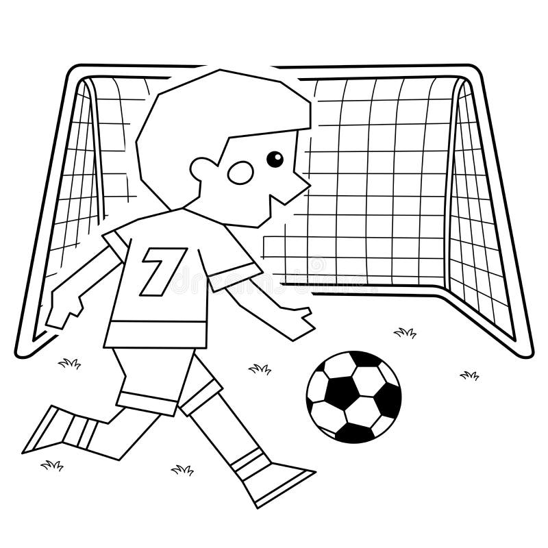 Coloring page outline of a cartoon boy with a soccer ball and football goal coloring book for kids stock vector