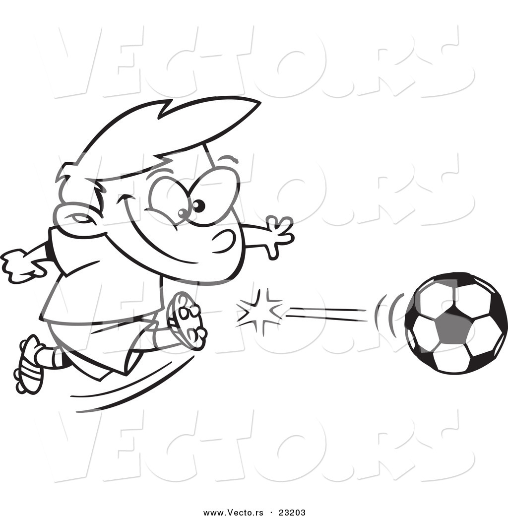R of a cartoon boy kicking a soccer ball