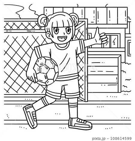 Girl holding soccer ball coloring page for kids