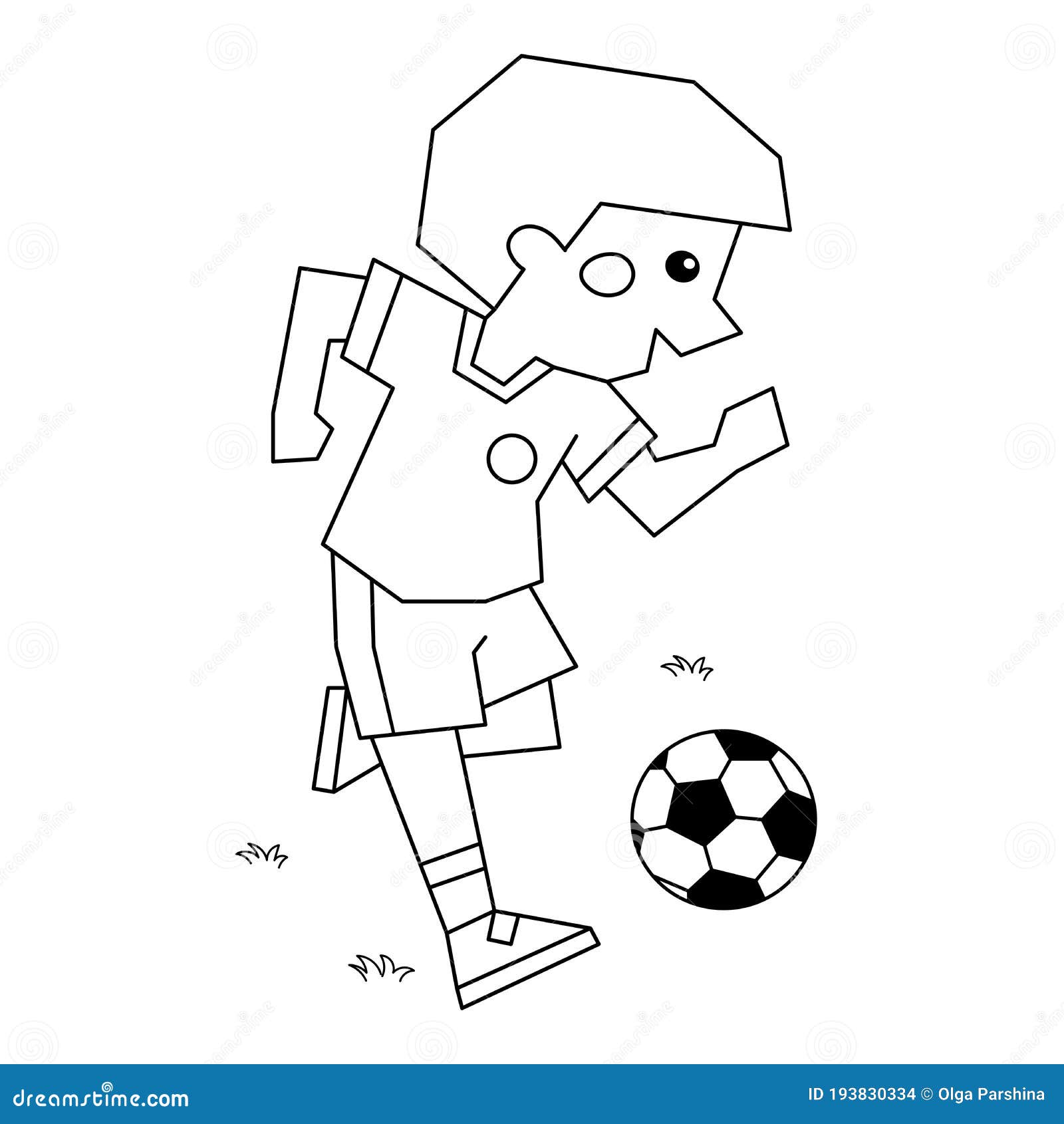 Coloring page outline of a cartoon boy with a soccer ball coloring book for kids stock vector