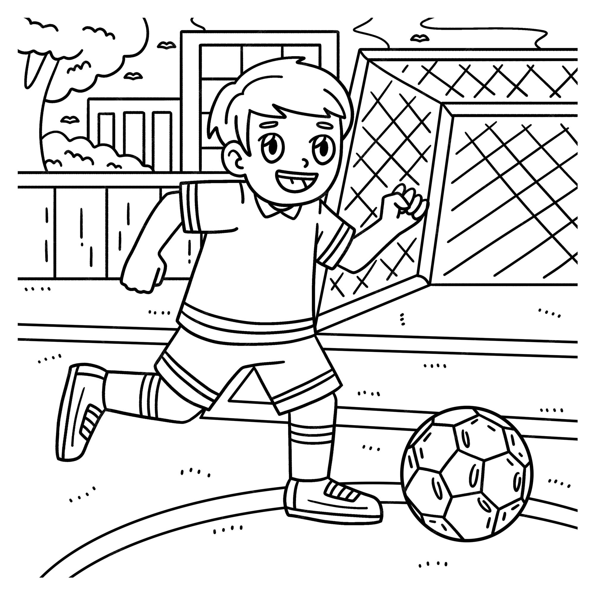 Premium vector a cute and funny coloring page of a boy chasing soccer ball provides hours of coloring fun for children to color this page is very easy suitable for little
