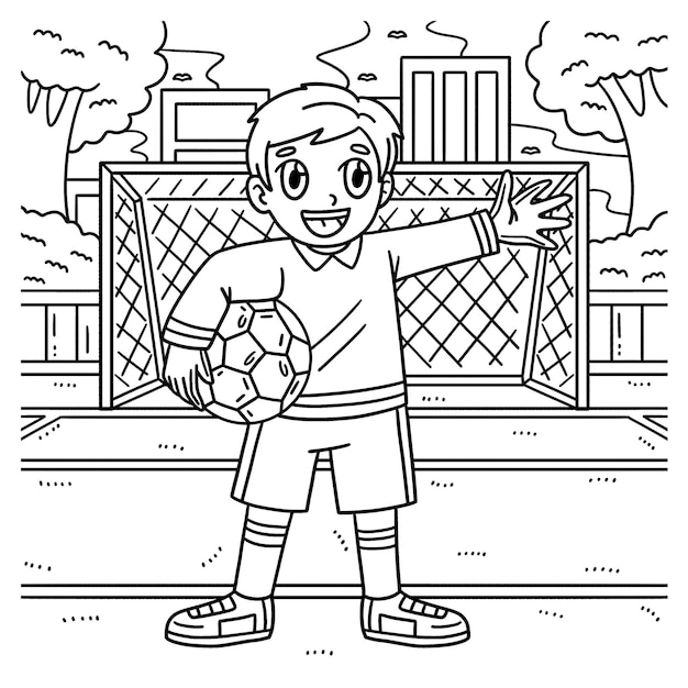 Premium vector a cute and funny coloring page of a goalkeeper holding soccer ball provides hours of coloring fun for children to color this page is very easy suitable for little