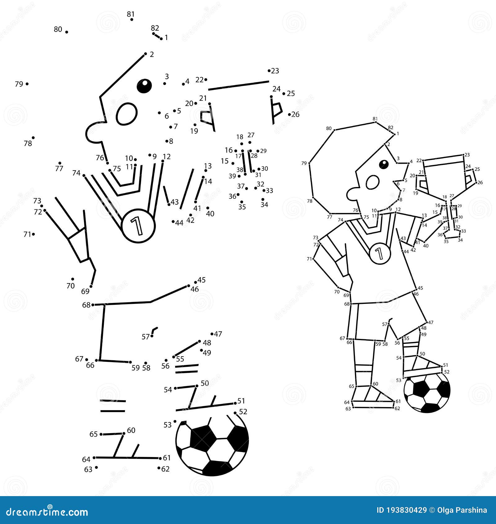 Numbers game for kids coloring page outline of a cartoon boy with a soccer ball and a winner cup stock vector