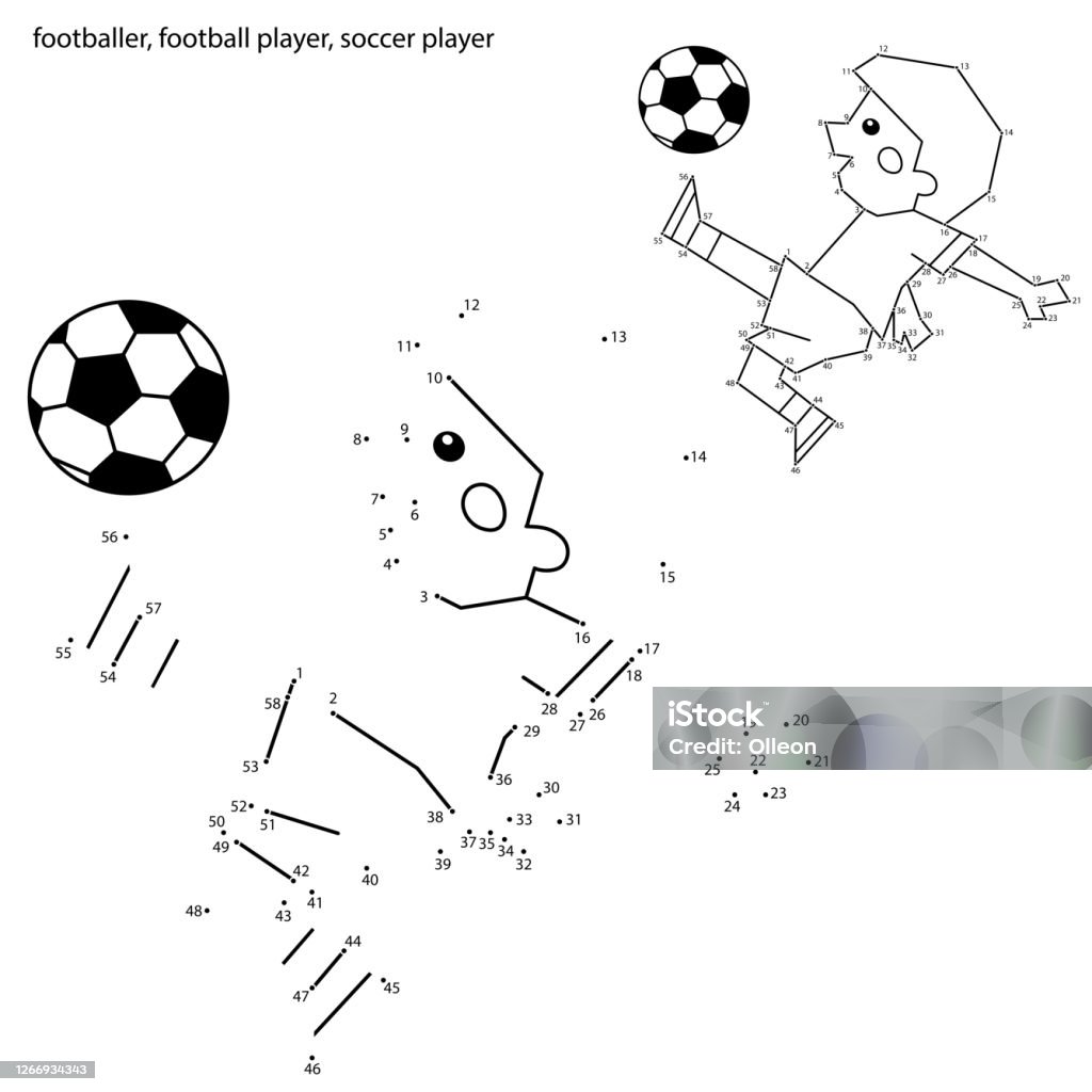 Numbers game for kids coloring page outline of a cartoon boy with a soccer ball coloring book for children stock illustration