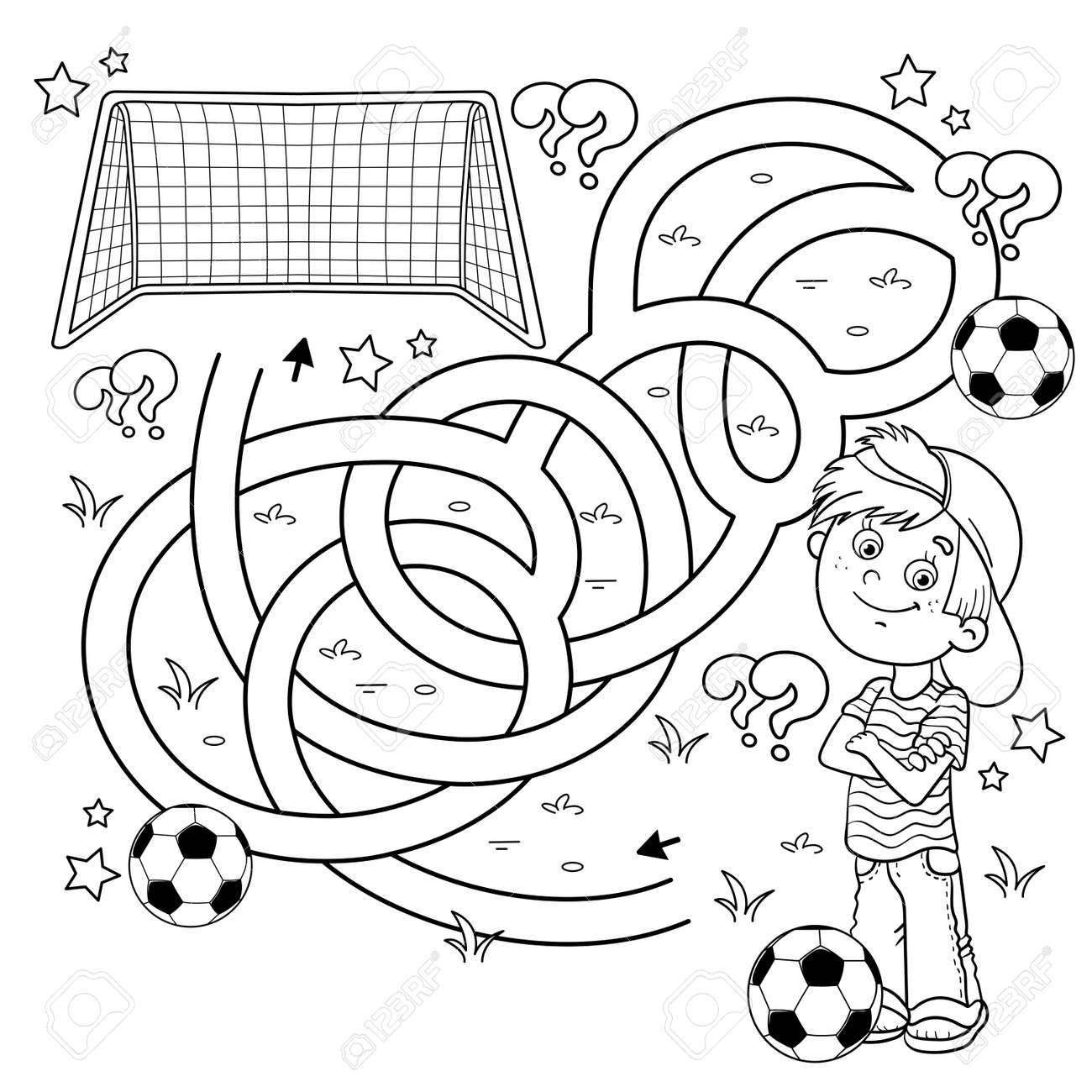 Maze or labyrinth game puzzle tangled road coloring page outline of cartoon boy with soccer ball football sport activity coloring book for kids royalty free svg cliparts vectors and stock illustration image