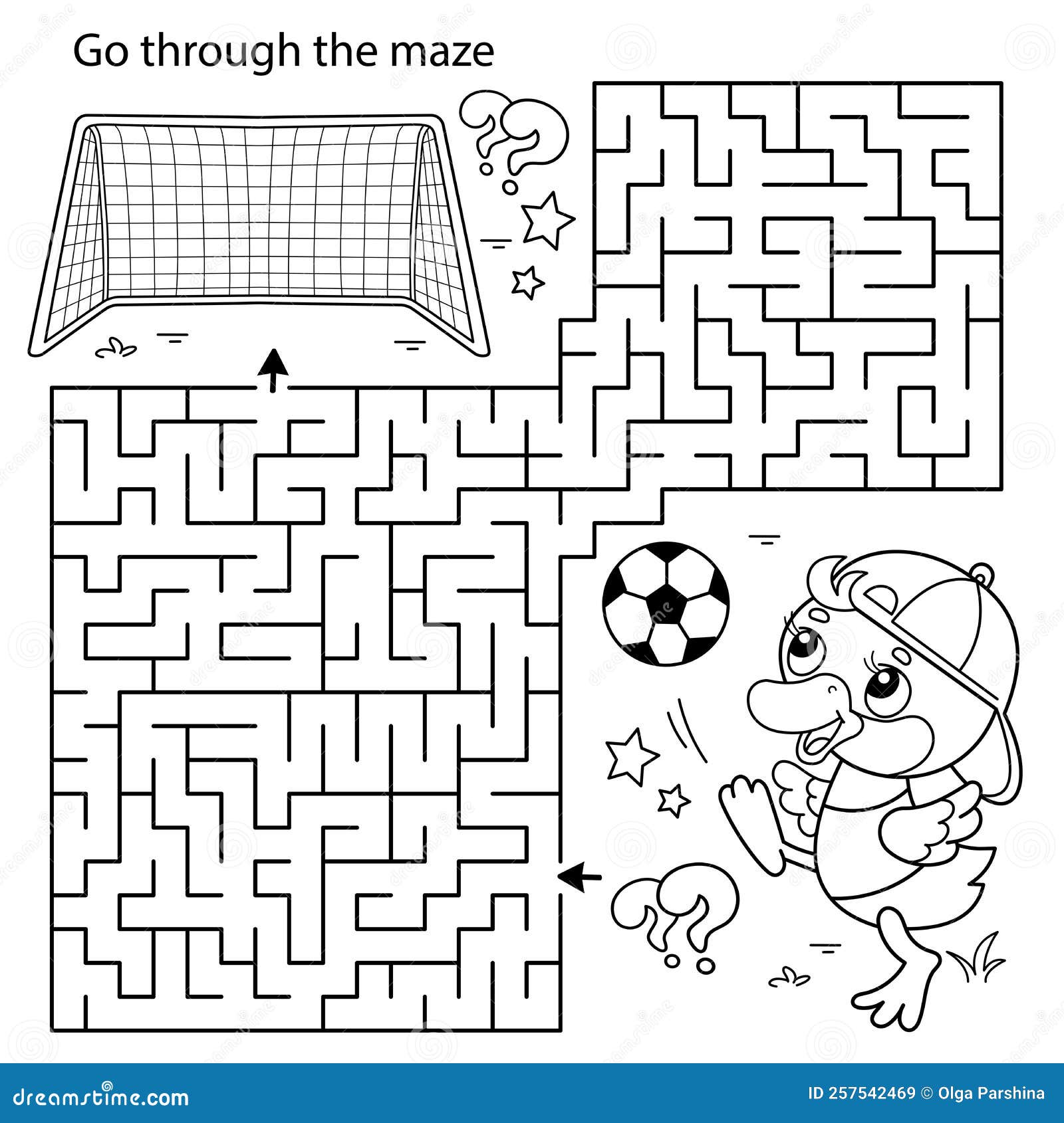 Maze or labyrinth game puzzle coloring page outline of cartoon duck or duckling with soccer ball football sport stock vector