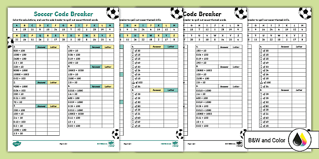 Soccer code breaker math activity for rd